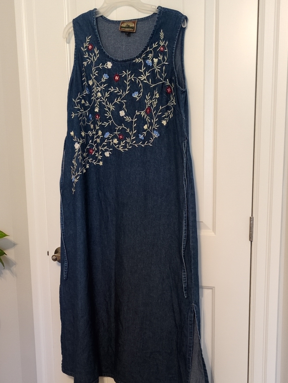 Sleeveless Embroidered Denim Maxi Dress - Blue
